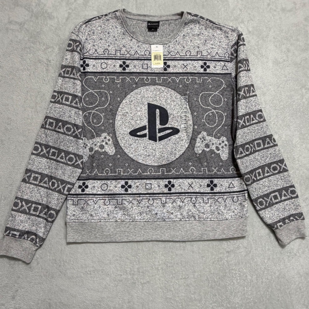 PlayStation Sweatshirt Mens XL Gray Holiday Fair Isle Gamer Pullover - Picture 3 of 9